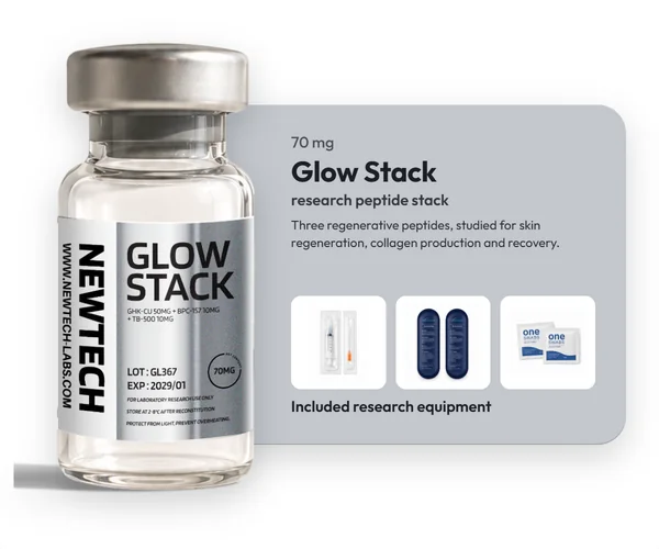 Glow Stack 70 mg vial, with the research equipment included in every order