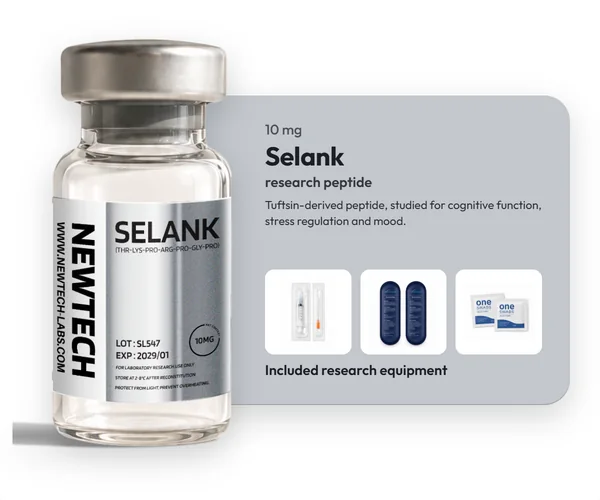 Selank 10 mg vial, with the research equipment included in every order