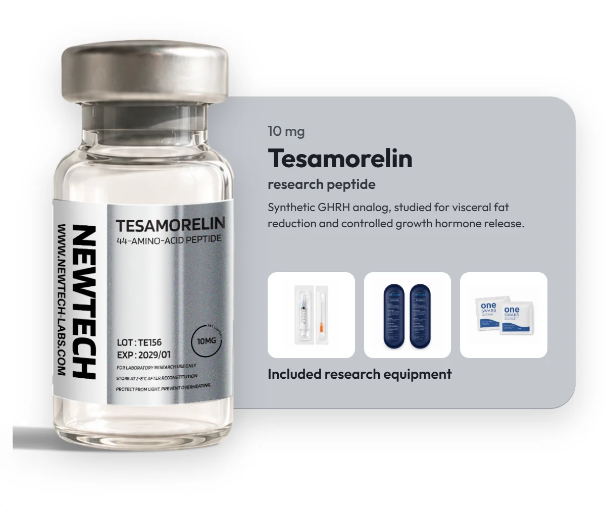 Tesamorelin 10 mg vial, with the research equipment included in every order