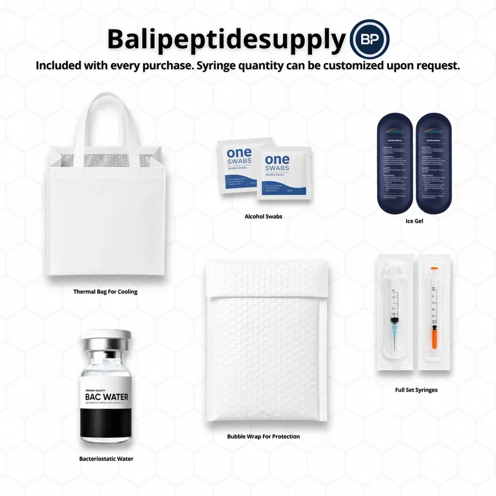 Included with every purchase: thermal bag for cooling, alcohol swabs, ice gel, bubble wrap for protection, full set syringes and bacteriostatic water. Syringe quantity can be customized upon request.