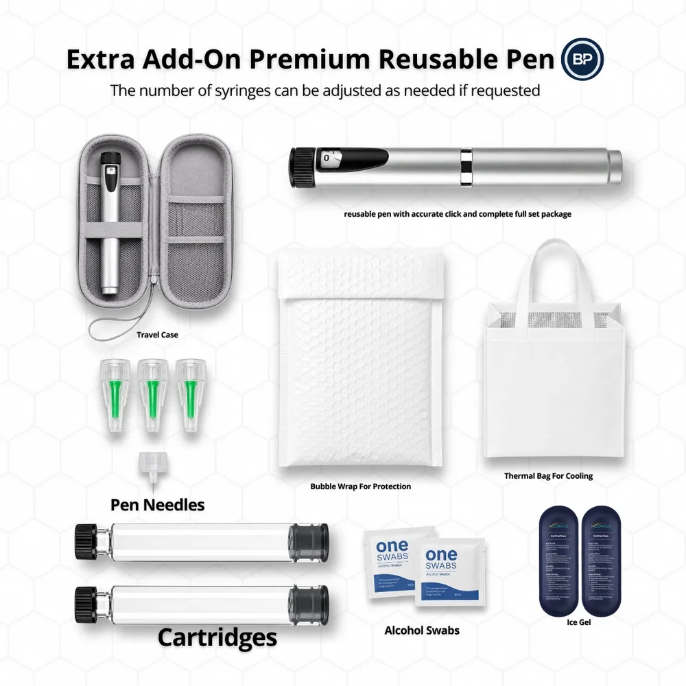 Extra add-on premium reusable pen: travel case, reusable pen, pen needles, cartridges, bubble wrap, thermal bag, alcohol swabs and ice gel