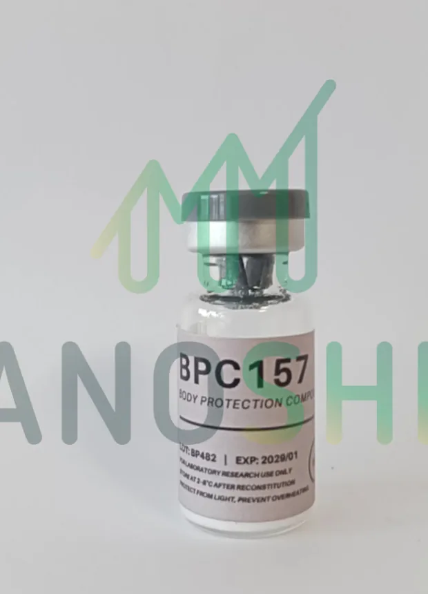 BPC-157 5 mg vial, lot BP-482, photographed by the laboratory