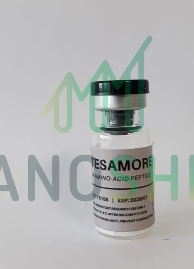 Tesamorelin 10 mg vial, lot TE-156, photographed by the laboratory